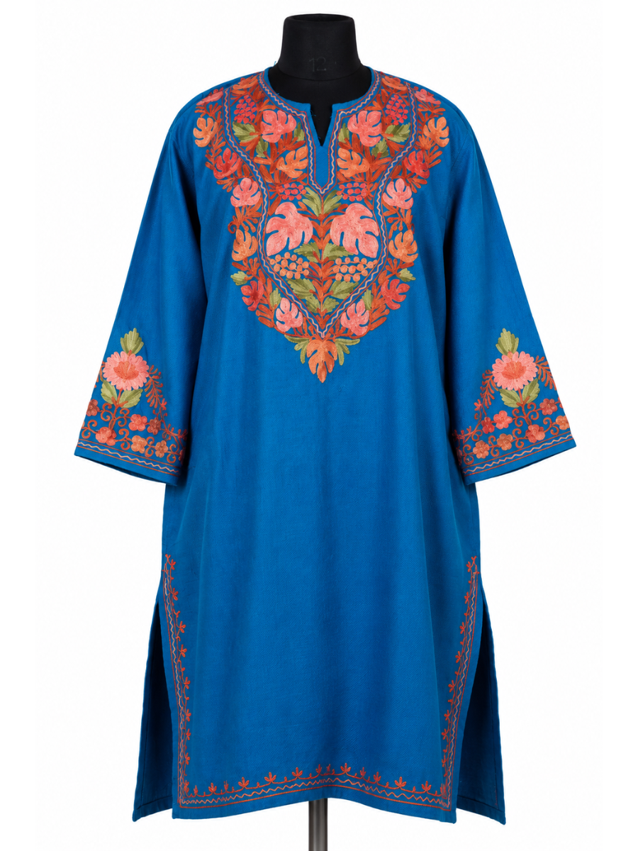 Royal Blue Kashmiri Pheran with Coral Floral Embroidery – KAARKASH