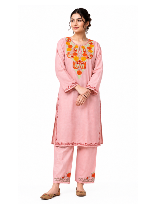 Kashmir Aari cotton Co-Ord Set | Rose Pink