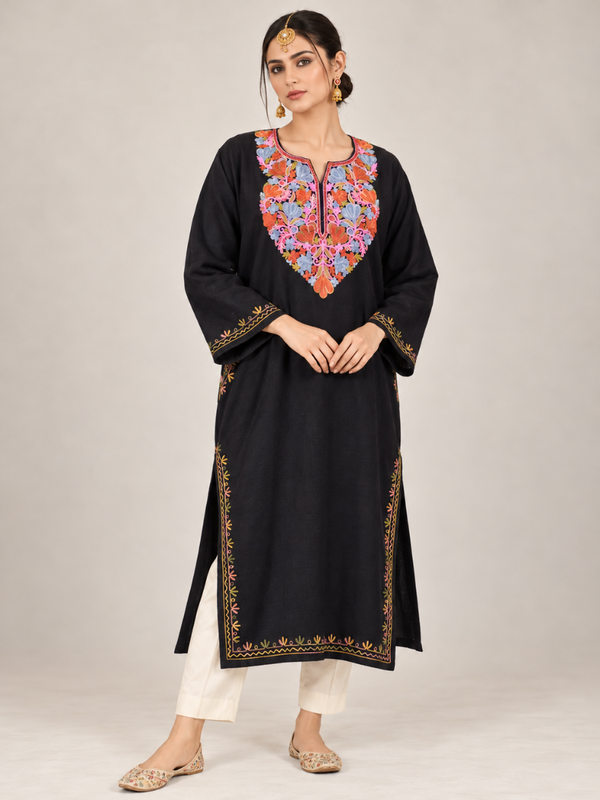 Black Kashmiri Pheran with Coral & Powder Blue Floral Embroidery – KAARKASH
