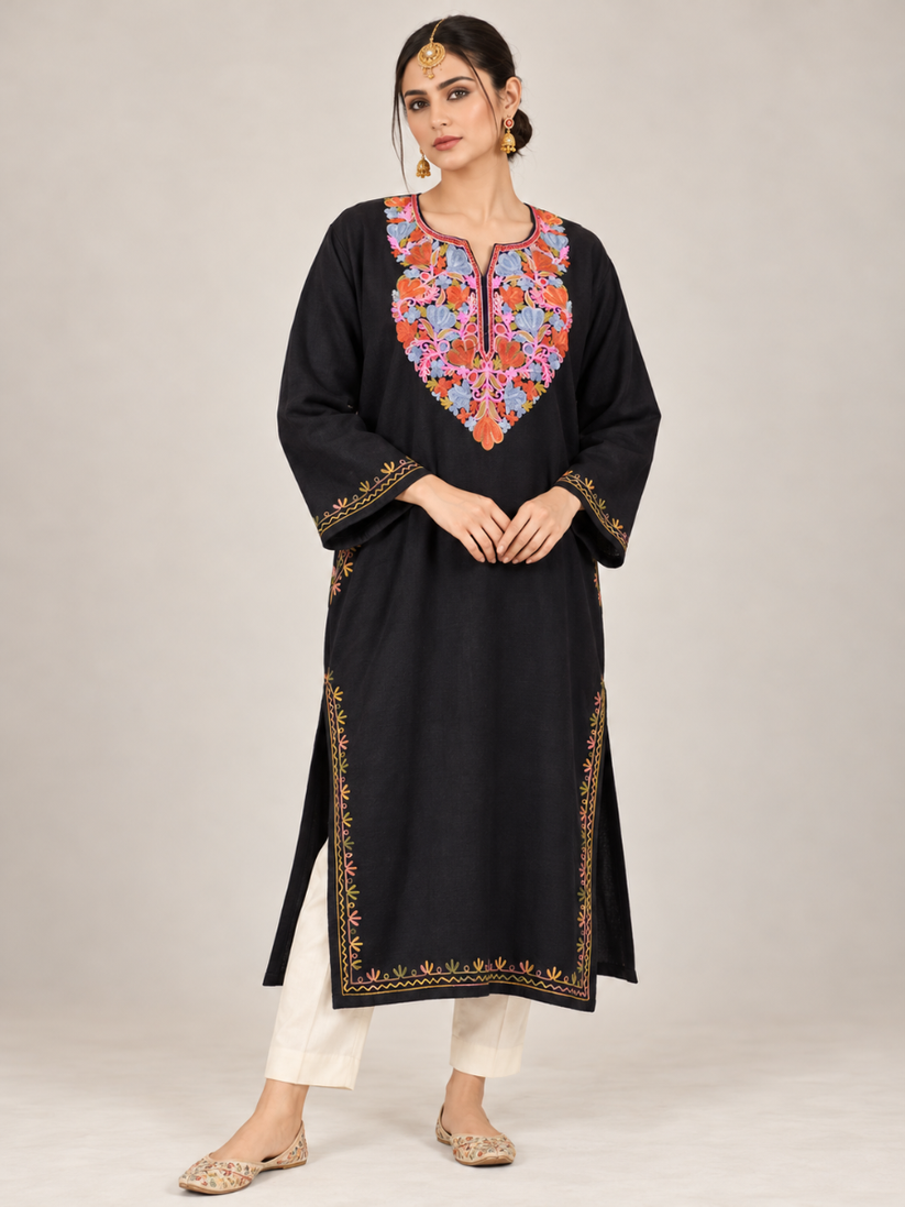 Black Kashmiri Pheran with Coral & Powder Blue Floral Embroidery – KAARKASH