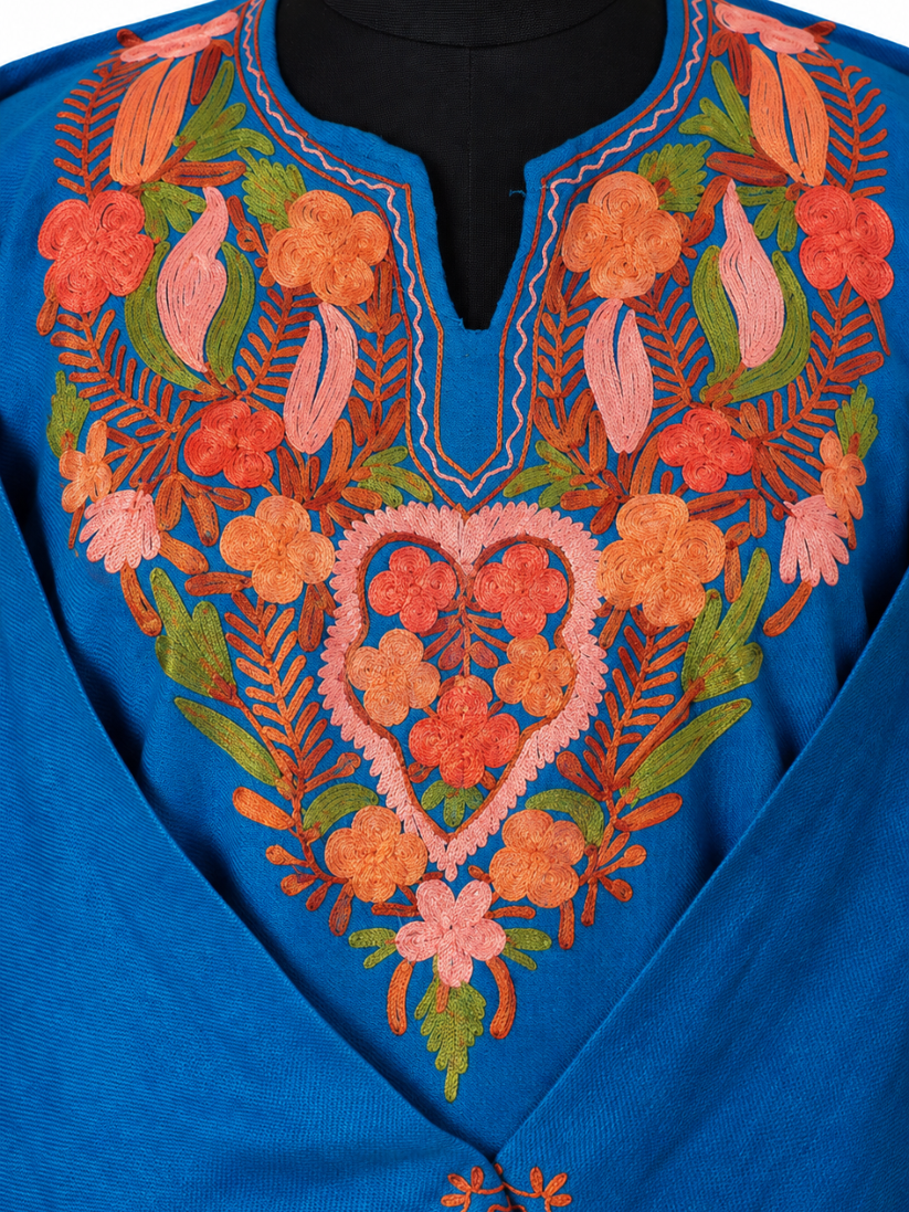 Royal Blue Kashmiri Pheran with Orange Floral Embroidery – KAARKASH