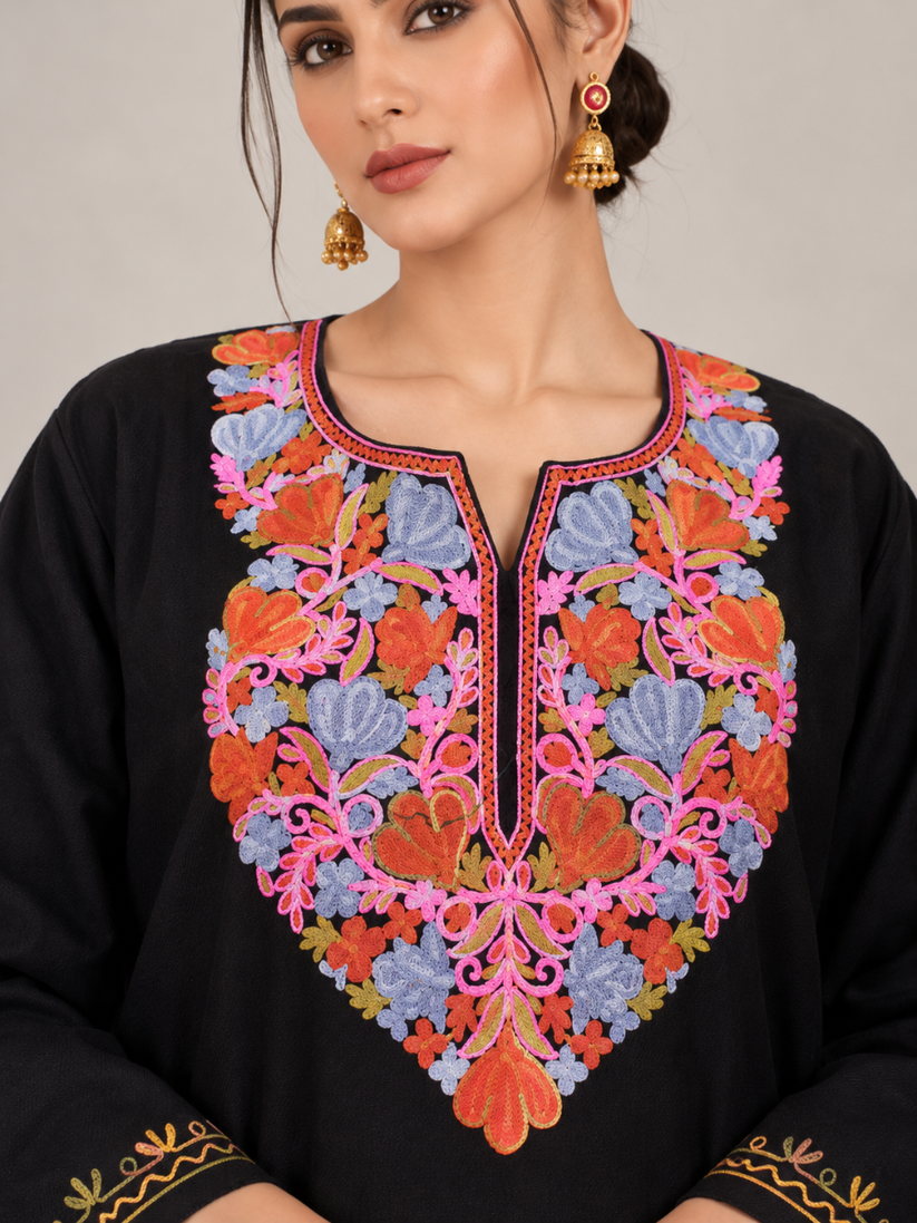 Black Kashmiri Pheran with Coral & Powder Blue Floral Embroidery – KAARKASH