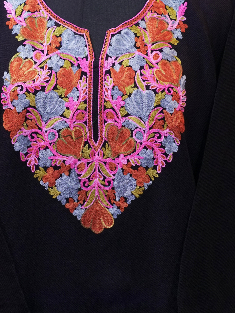 Black Kashmiri Pheran with Coral & Powder Blue Floral Embroidery – KAARKASH
