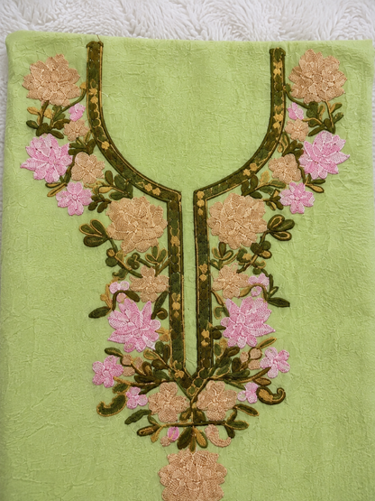 Gul Kashmiri Aari 2 Piece Unstitched Suit  |  Bright Olive