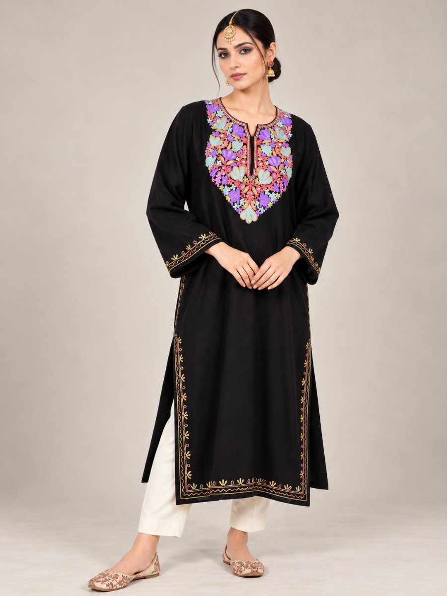 Black Kashmiri Pheran with Purple & Aqua Floral Embroidery – KAARKASH