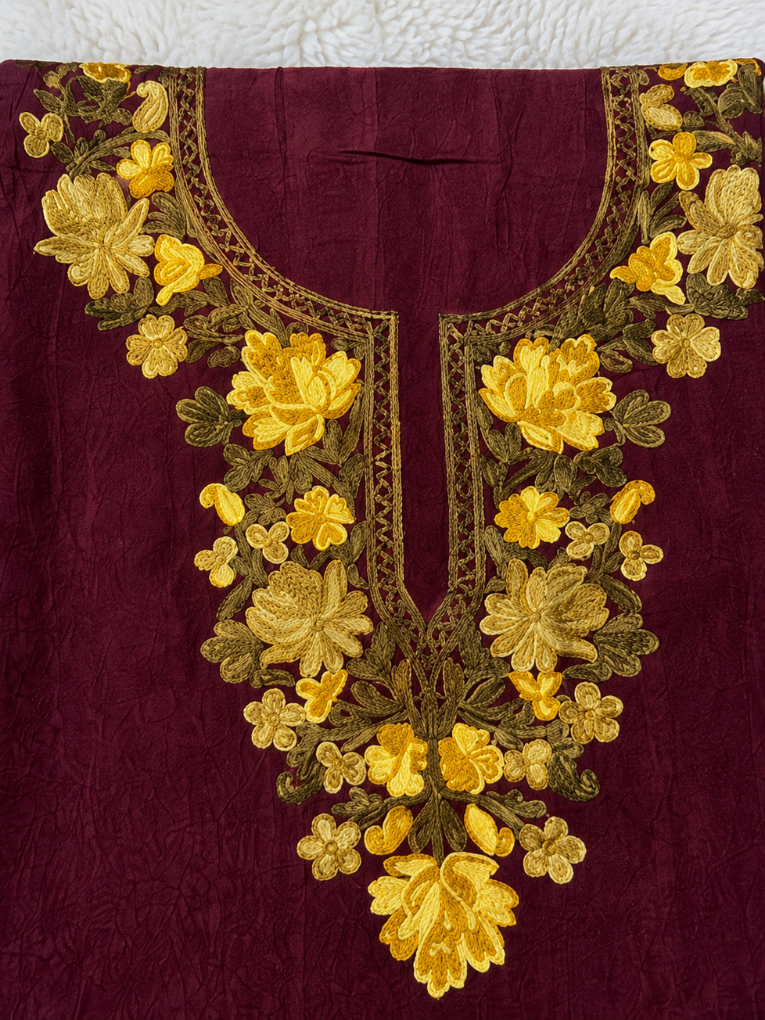 Gul Kashmiri Aari 2 Piece Unstitched Suit  |  Dark Red