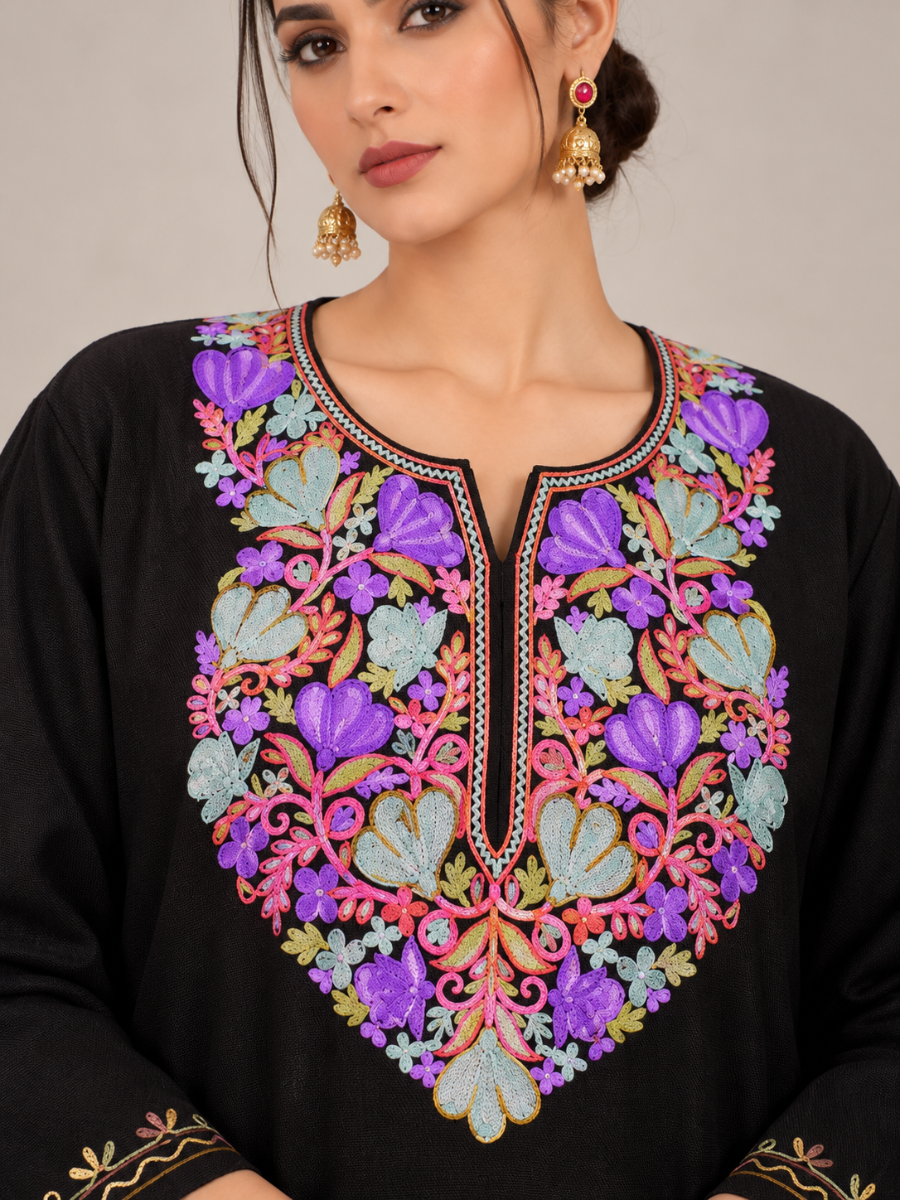 Black Kashmiri Pheran with Purple & Aqua Floral Embroidery – KAARKASH