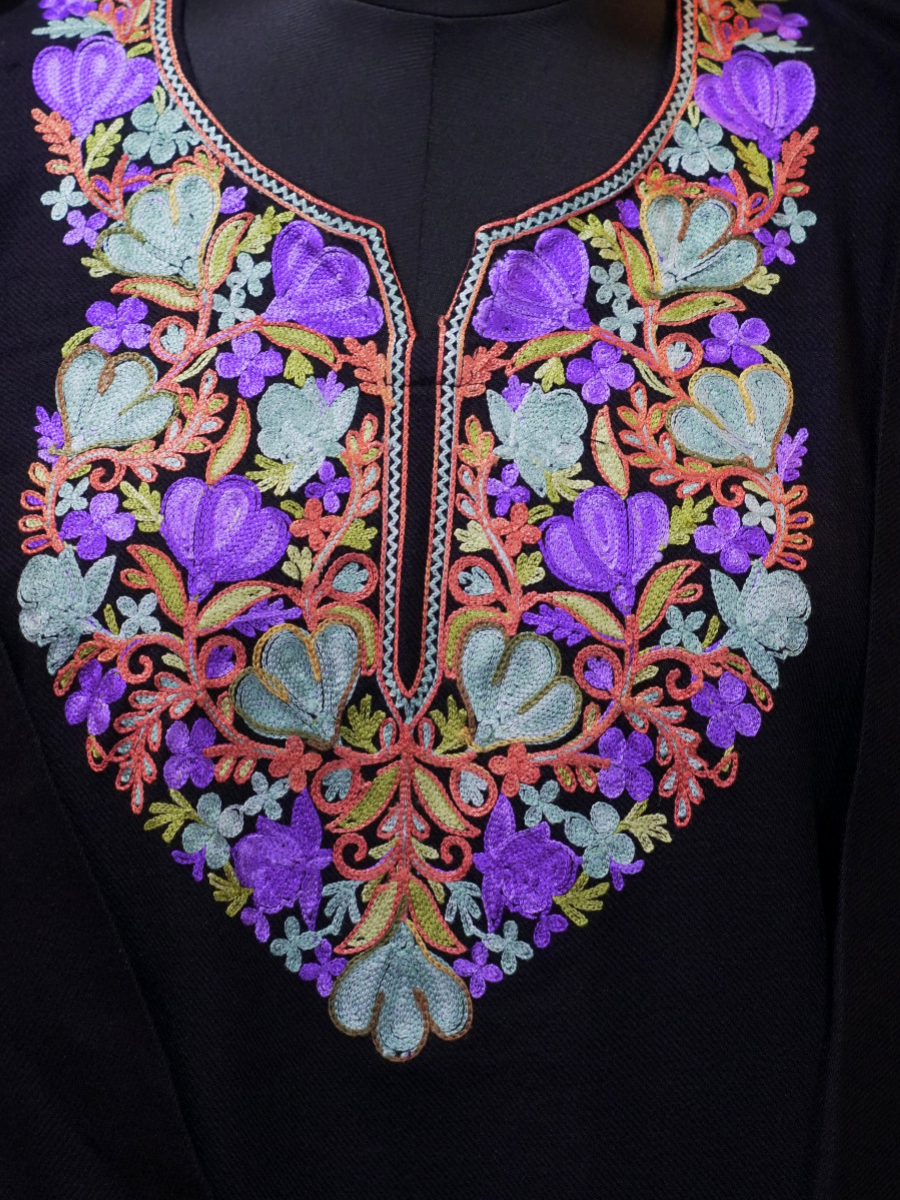 Black Kashmiri Pheran with Purple & Aqua Floral Embroidery – KAARKASH
