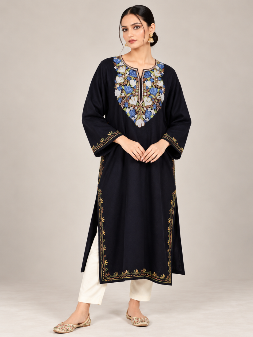 Black Kashmiri Pheran with Blue & White Floral Embroidery – KAARKASH