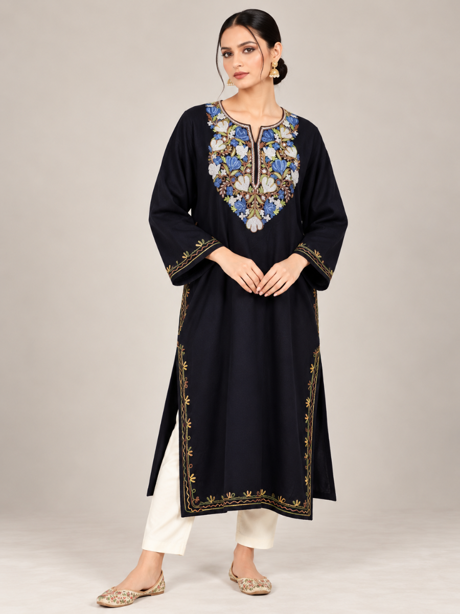 Black Kashmiri Pheran with Blue & White Floral Embroidery – KAARKASH