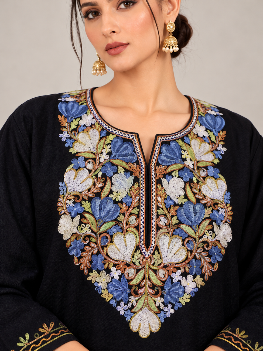 Black Kashmiri Pheran with Blue & White Floral Embroidery – KAARKASH