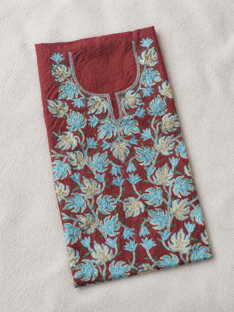 Chinar Motif Kashmiri Aari 2 Piece Unstitched Suit  |  Dark Red