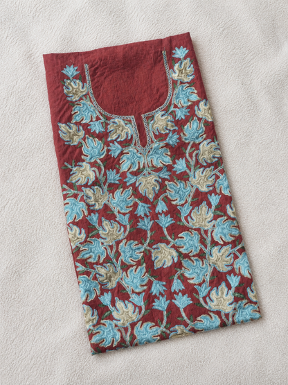 Chinar Motif Kashmiri Aari 2 Piece Unstitched Suit  |  Dark Red