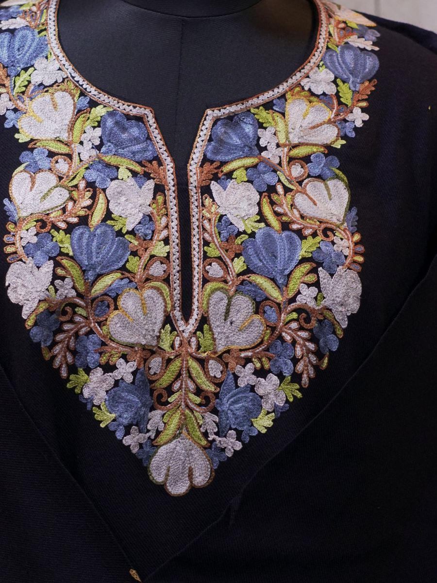 Black Kashmiri Pheran with Blue & White Floral Embroidery – KAARKASH
