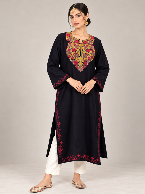 Black Kashmiri Pheran with Red & Gold Floral Embroidery – KAARKASH