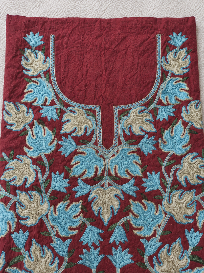 Chinar Motif Kashmiri Aari 2 Piece Unstitched Suit  |  Dark Red