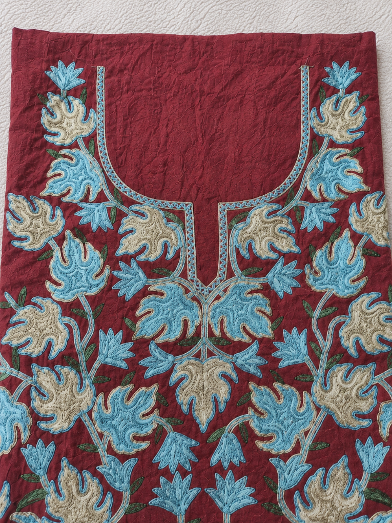 Chinar Motif Kashmiri Aari 2 Piece Unstitched Suit  |  Dark Red