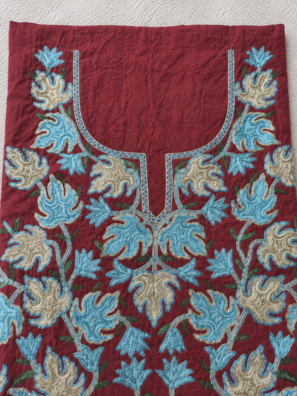 Chinar Motif Kashmiri Aari 2 Piece Unstitched Suit  |  Dark Red