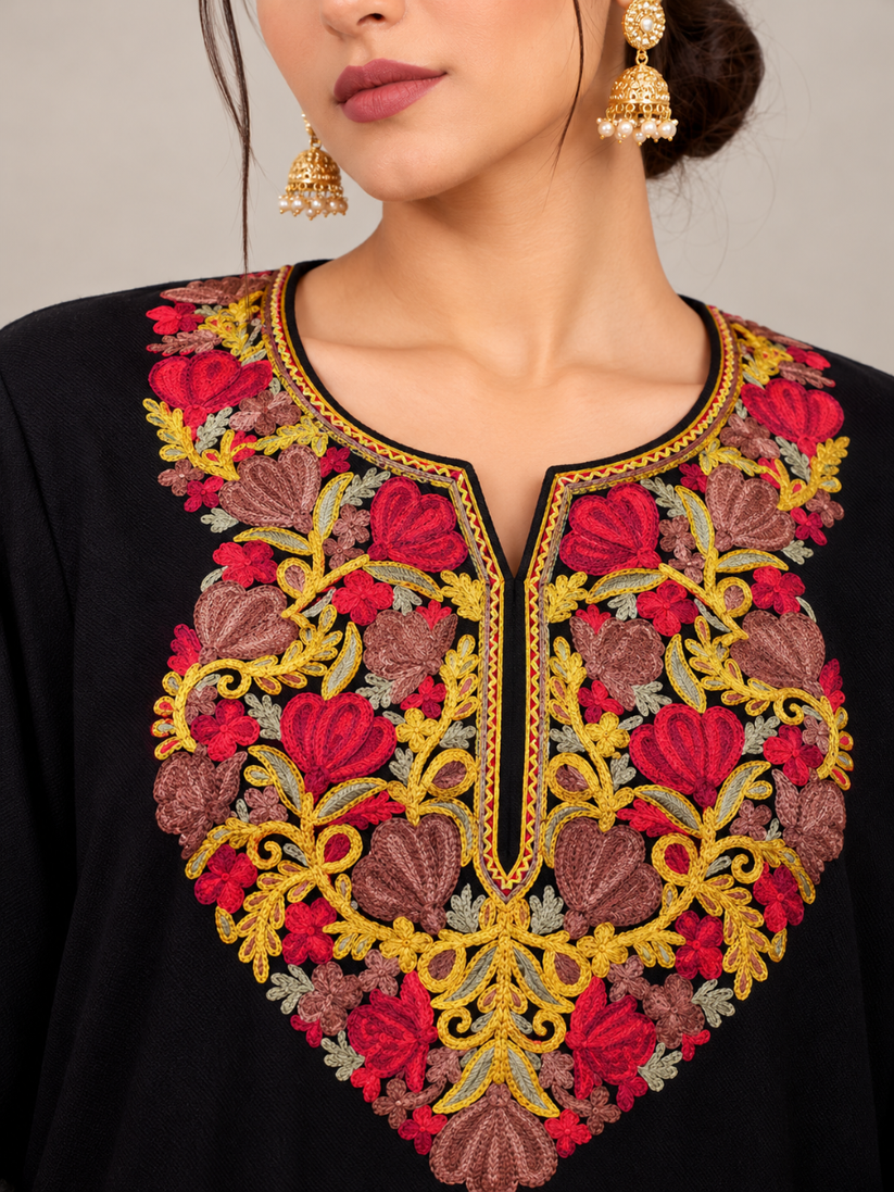 Black Kashmiri Pheran with Red & Gold Floral Embroidery – KAARKASH