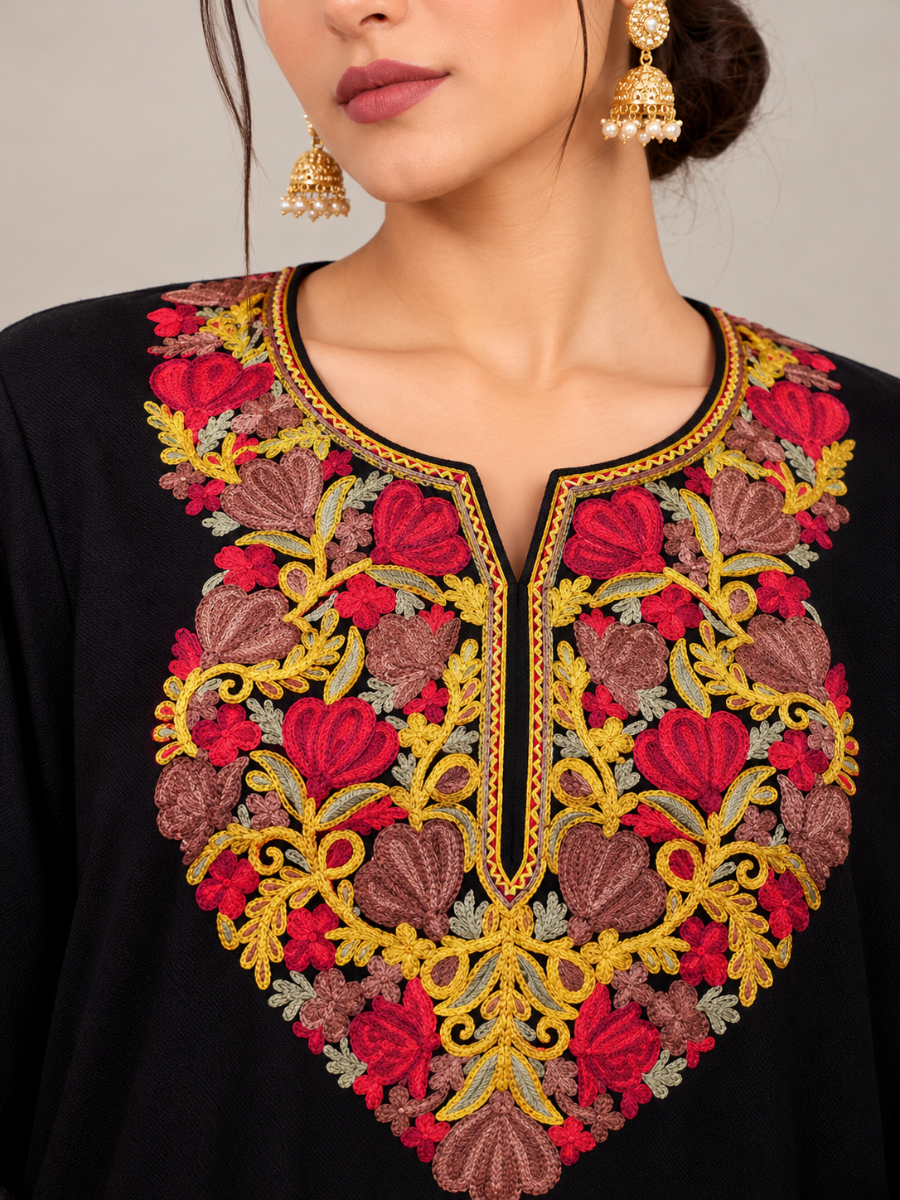 Black Kashmiri Pheran with Red & Gold Floral Embroidery – KAARKASH