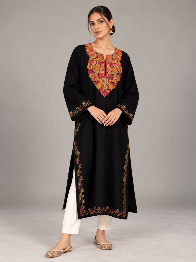 Black Kashmiri Pheran with Orange & Red Floral Embroidery – KAARKASH