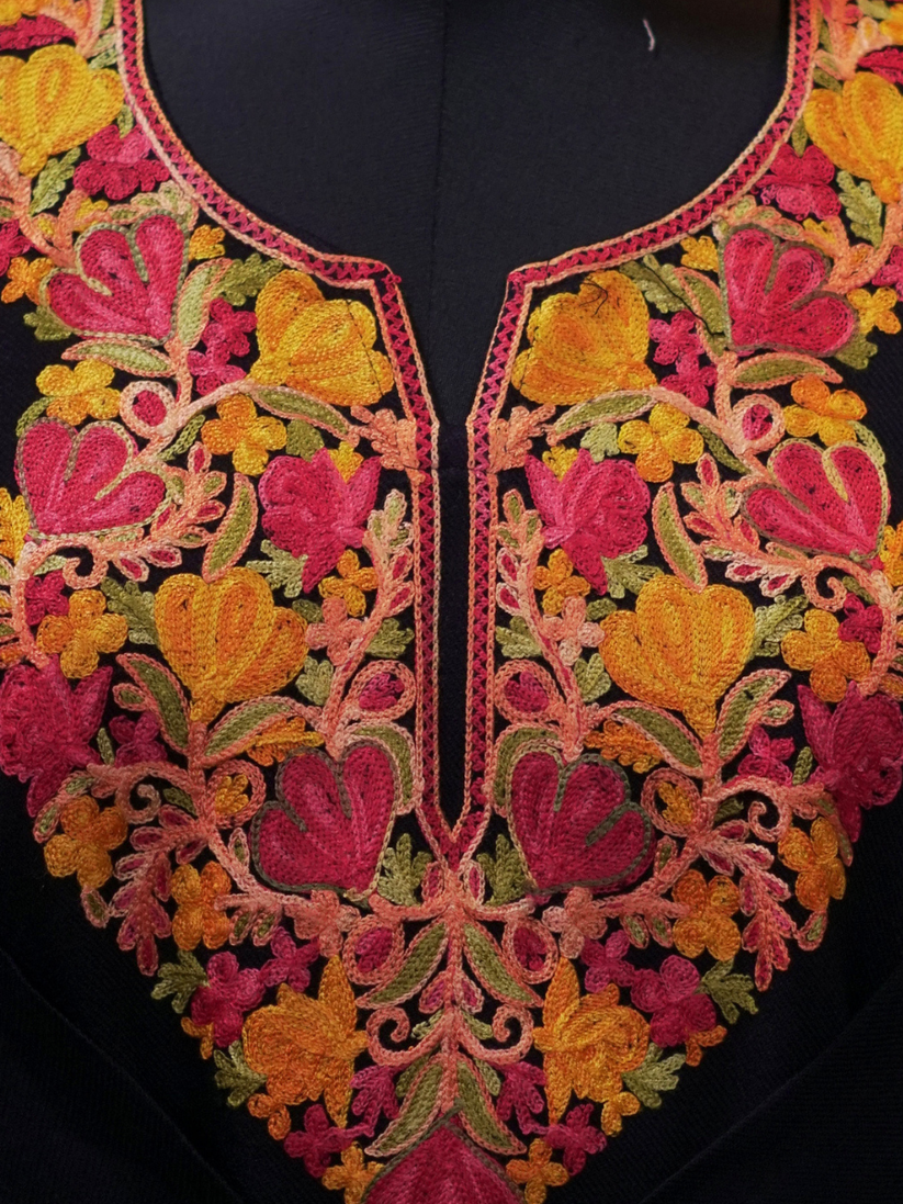 Black Kashmiri Pheran with Orange & Red Floral Embroidery – KAARKASH