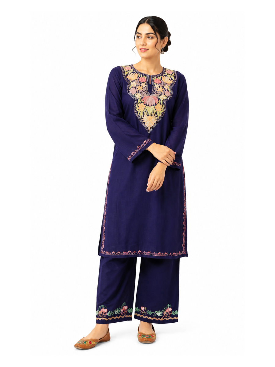 Kashmiri Manual Aari worked Cotton Co-Ord Set | Royal Indigo