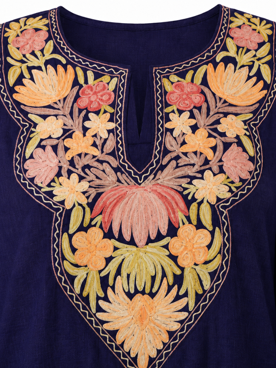 Kashmiri Manual Aari worked Cotton Co-Ord Set | Royal Indigo