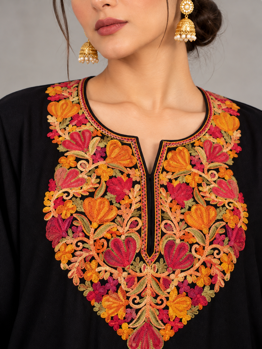 Black Kashmiri Pheran with Orange & Red Floral Embroidery – KAARKASH