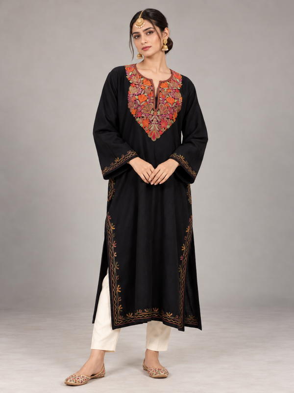 Black Kashmiri Pheran with Rust & Red Floral Embroidery – KAARKASH