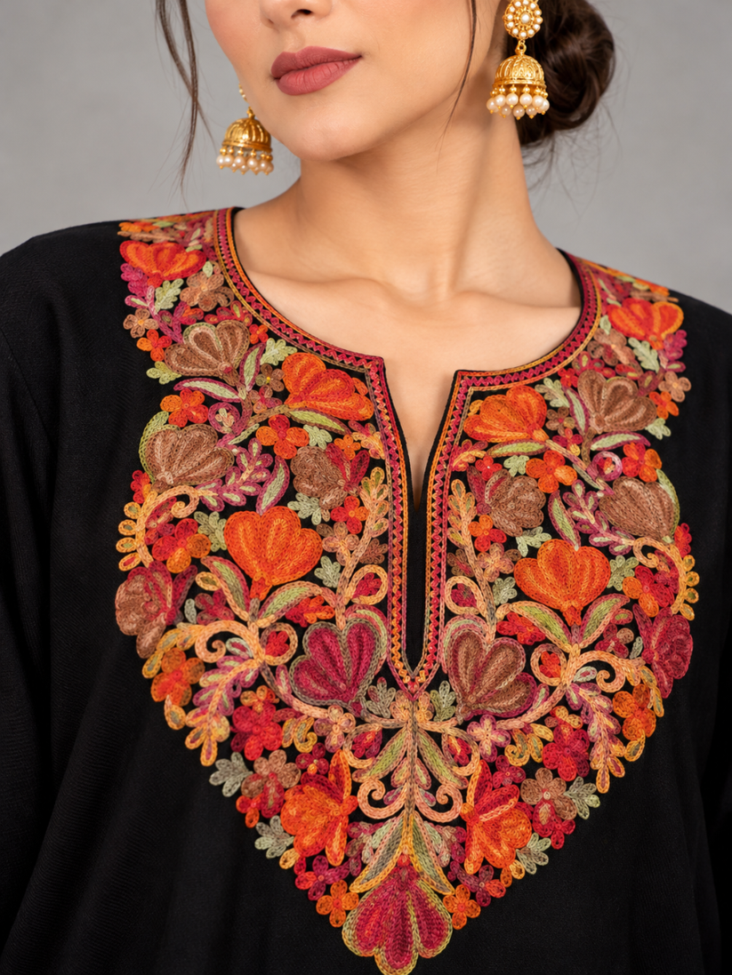 Black Kashmiri Pheran with Rust & Red Floral Embroidery – KAARKASH