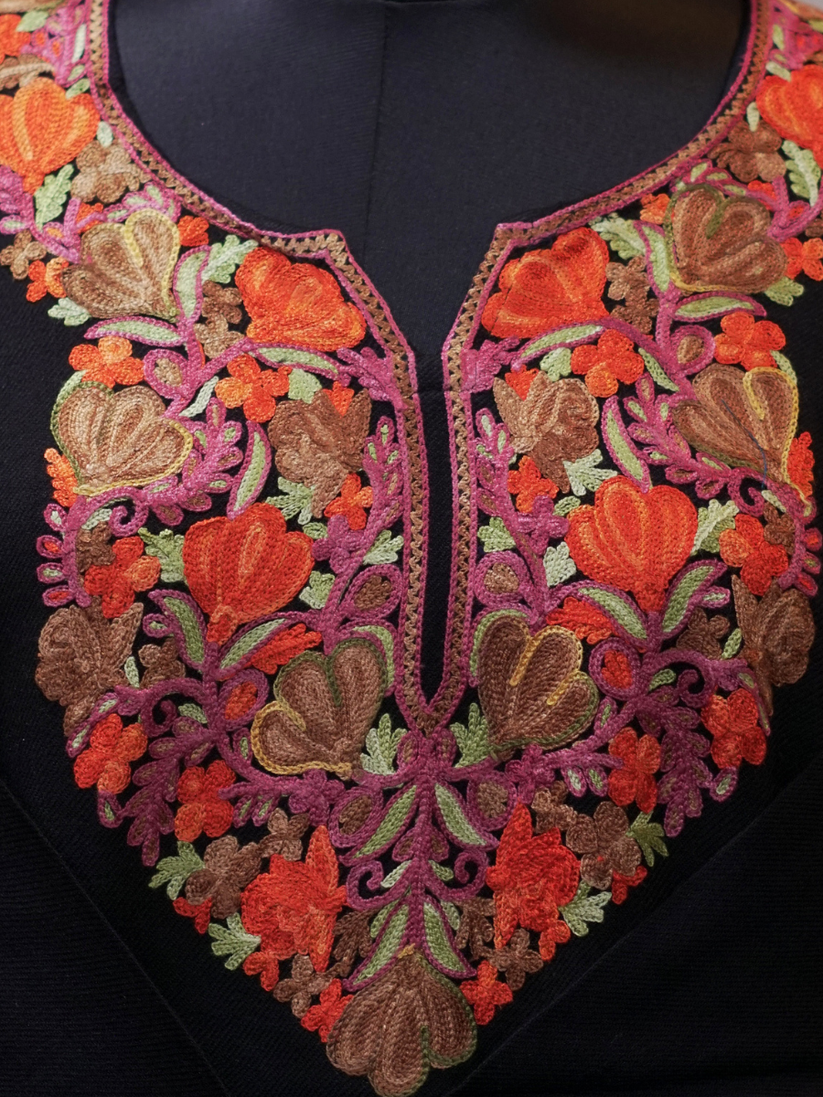 Black Kashmiri Pheran with Rust & Red Floral Embroidery – KAARKASH
