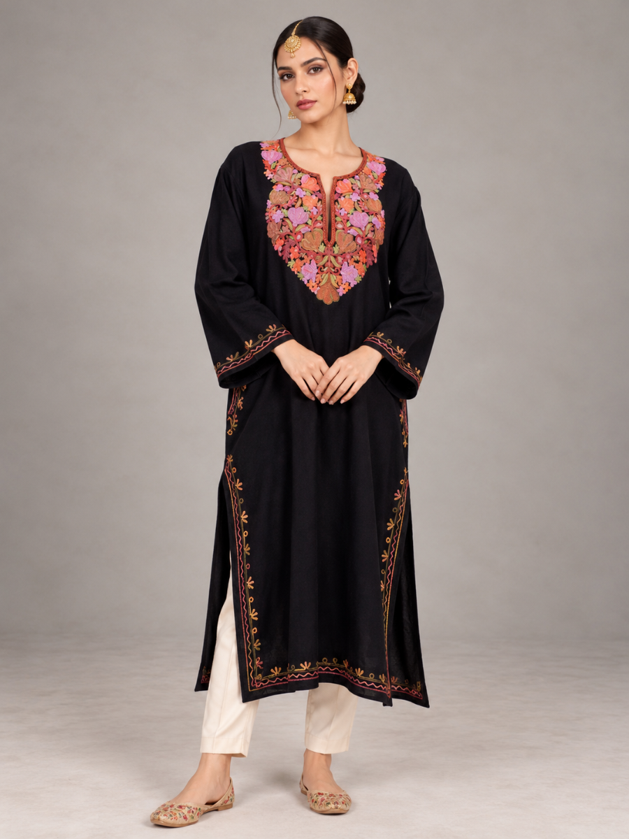 Black Kashmiri Pheran with Lilac & Coral Floral Embroidery – KAARKASH