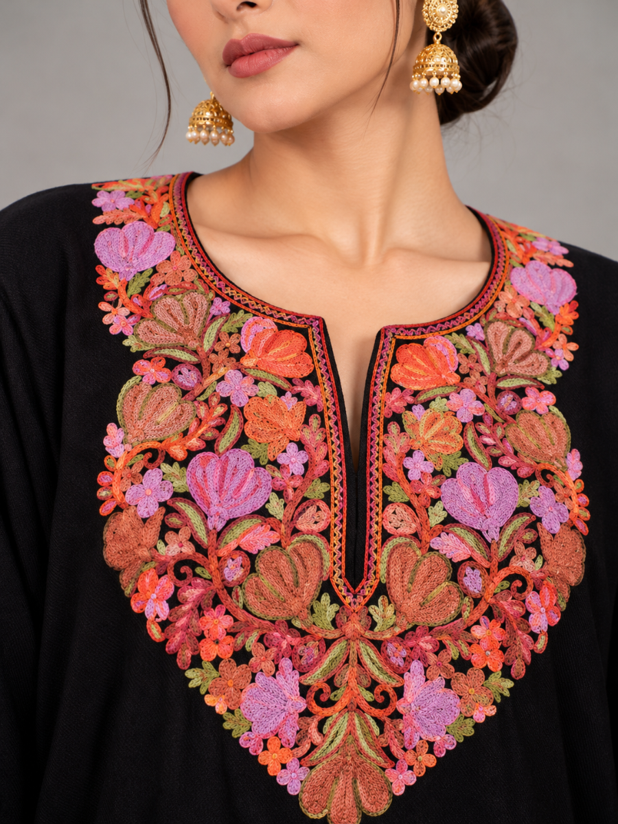 Black Kashmiri Pheran with Lilac & Coral Floral Embroidery – KAARKASH