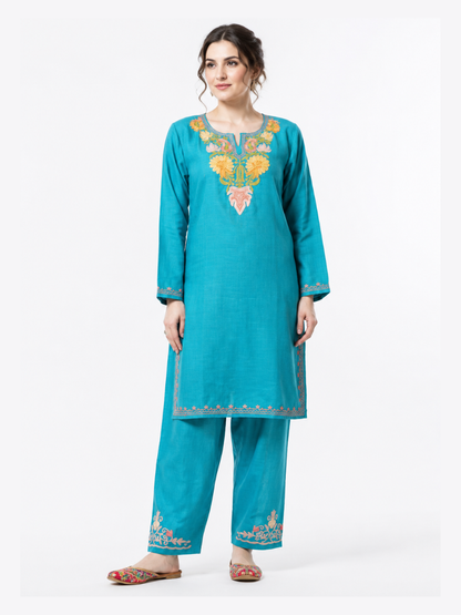 Kashmiri Manual Aari worked cotton Co-Ord Set | Ocean Breeze Upload