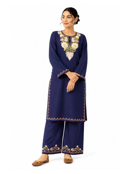 Kashmiri Manual Aari worked Cotton Co-Ord Set | Royal Indigo
