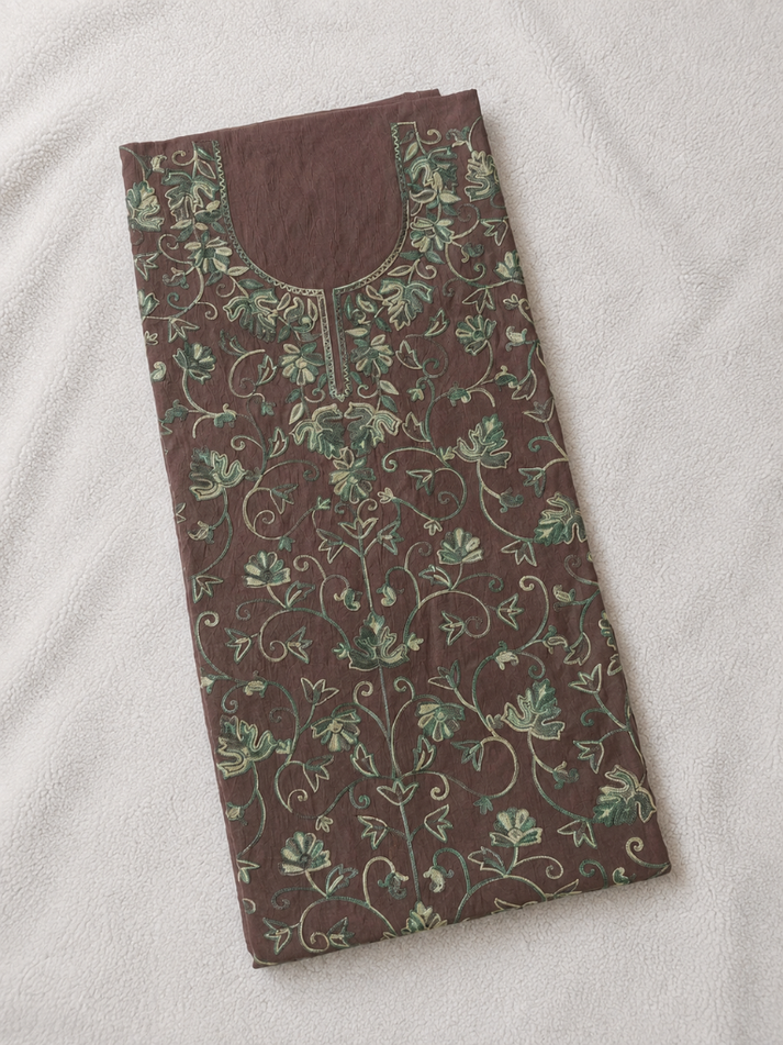 Kashmiri Botti Aari 2 Piece Unstitched Suit  |  Brown