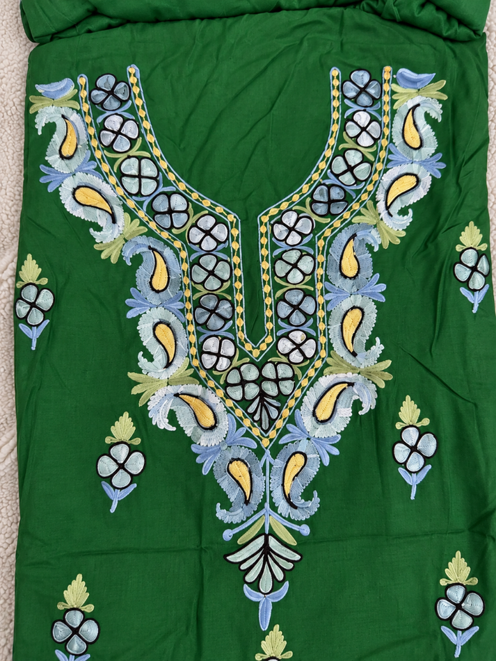 Kashmiri Botti Aari 3 Piece Unstitched Suit  | Green