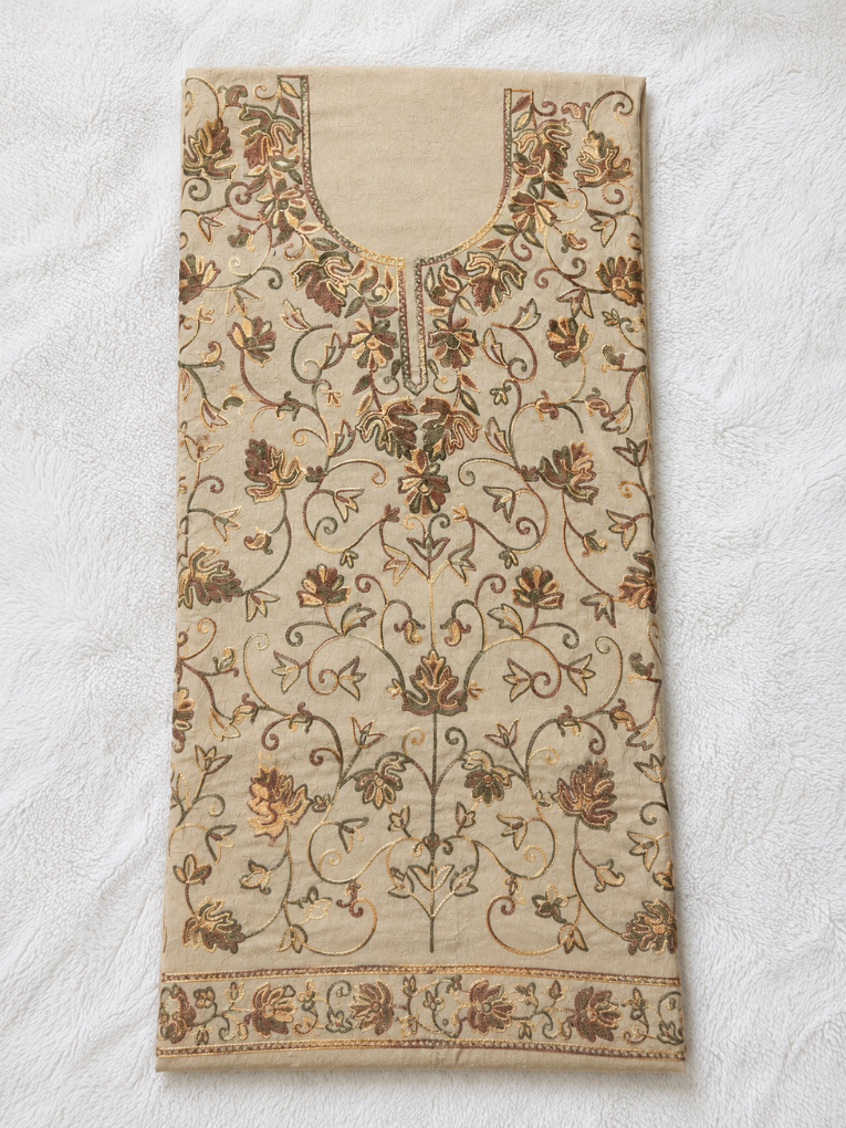 Kashmiri Botti Aari 2 Piece Unstitched Suit  |  Tan
