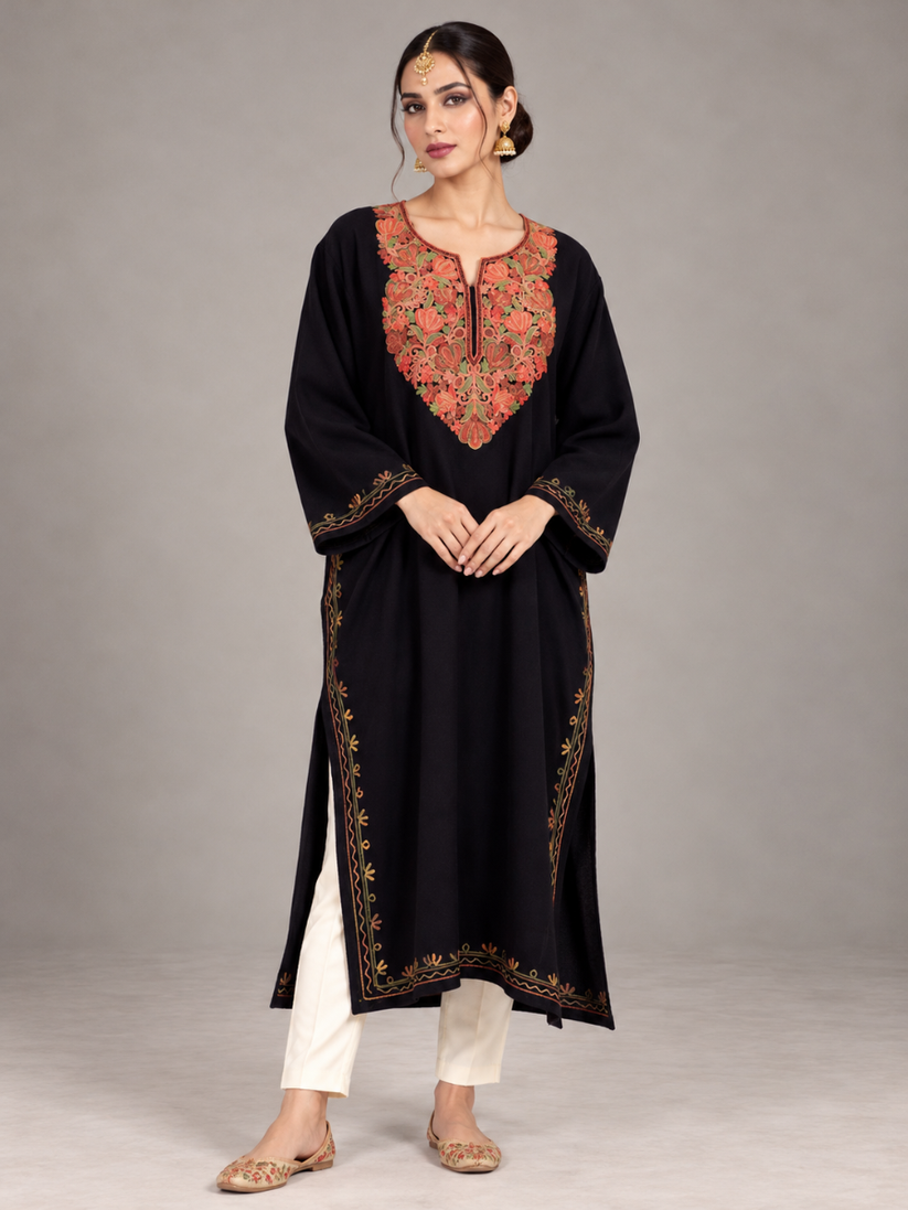 Black Kashmiri Pheran with Peach & Coral Floral Embroidery – KAARKASH