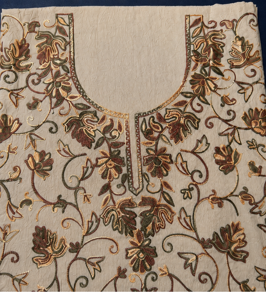 Kashmiri Botti Aari 2 Piece Unstitched Suit  |  Tan