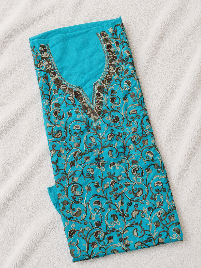 Kashmiri Botti Aari 2 Piece Unstitched Suit  |  Aqua
