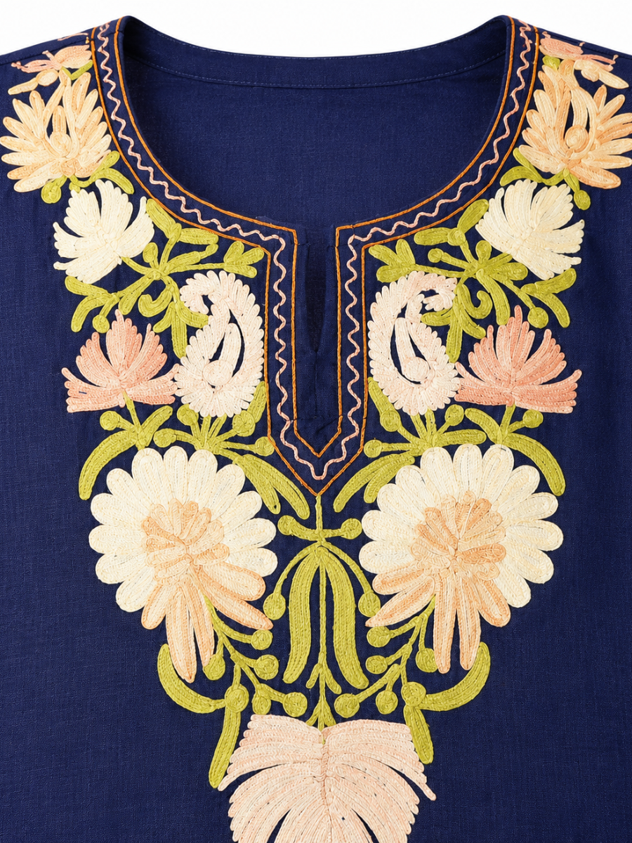 Kashmiri Manual Aari worked Cotton Co-Ord Set | Royal Indigo