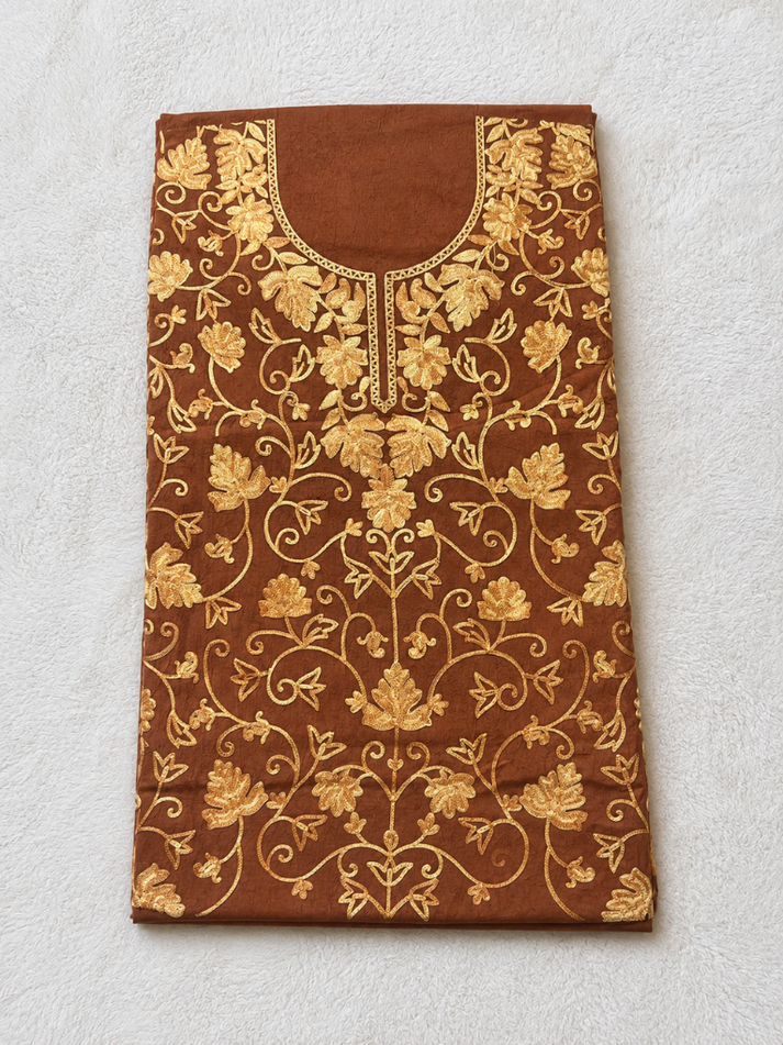 Kashmiri Botti Aari 2 Piece Unstitched Suit  |  Brown