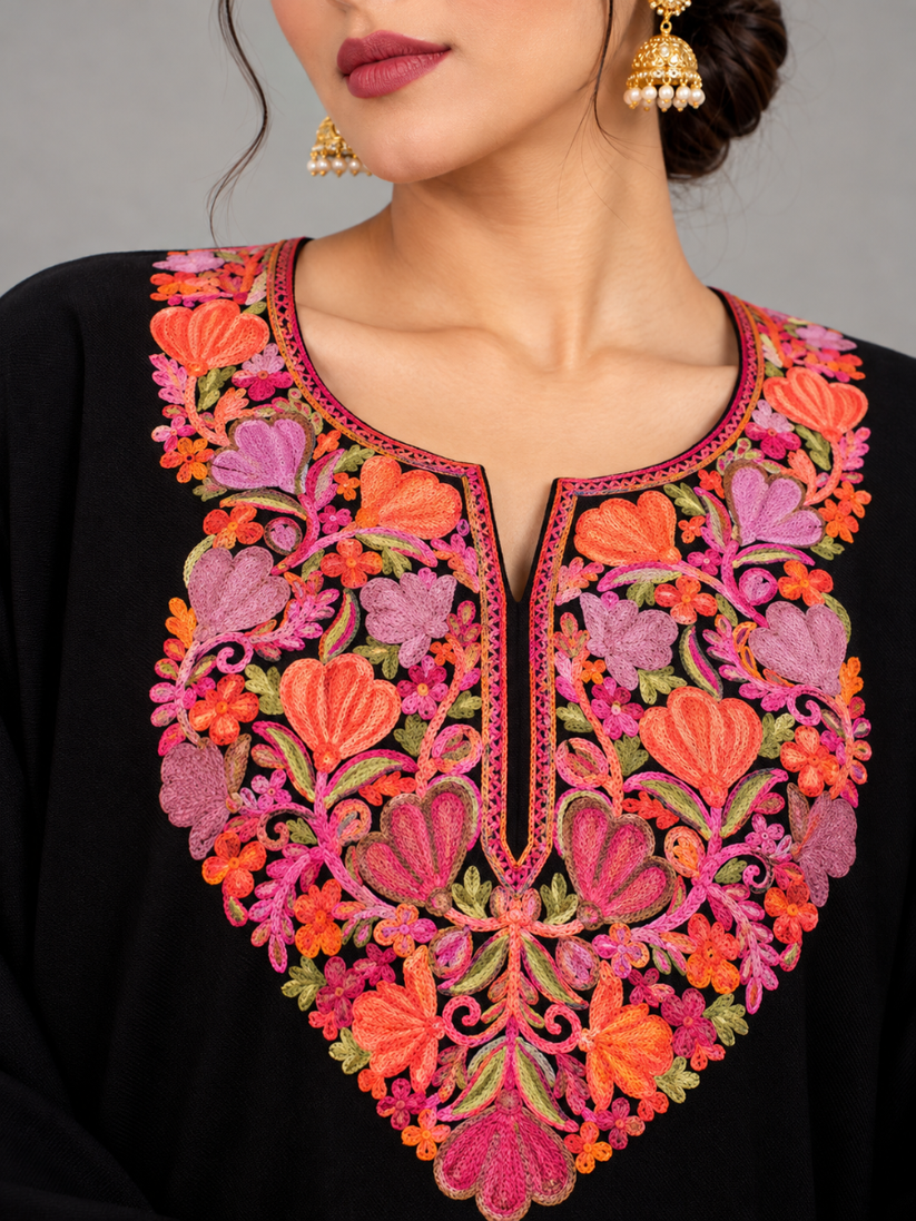 Black Kashmiri Pheran with Marigold & Coral Floral Embroidery – KAARKASH