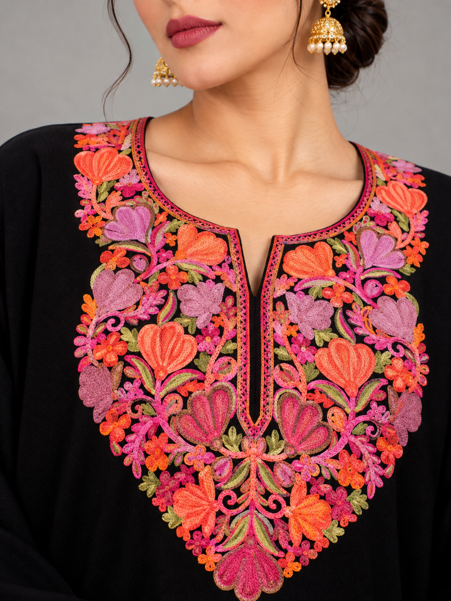 Black Kashmiri Pheran with Marigold & Coral Floral Embroidery – KAARKASH