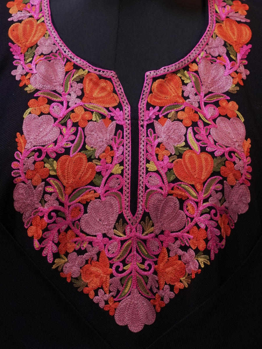 Black Kashmiri Pheran with Marigold & Coral Floral Embroidery – KAARKASH