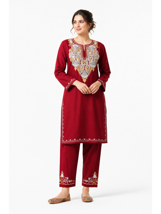 Kashmir Aari cotton Co-Ord Set | Plum