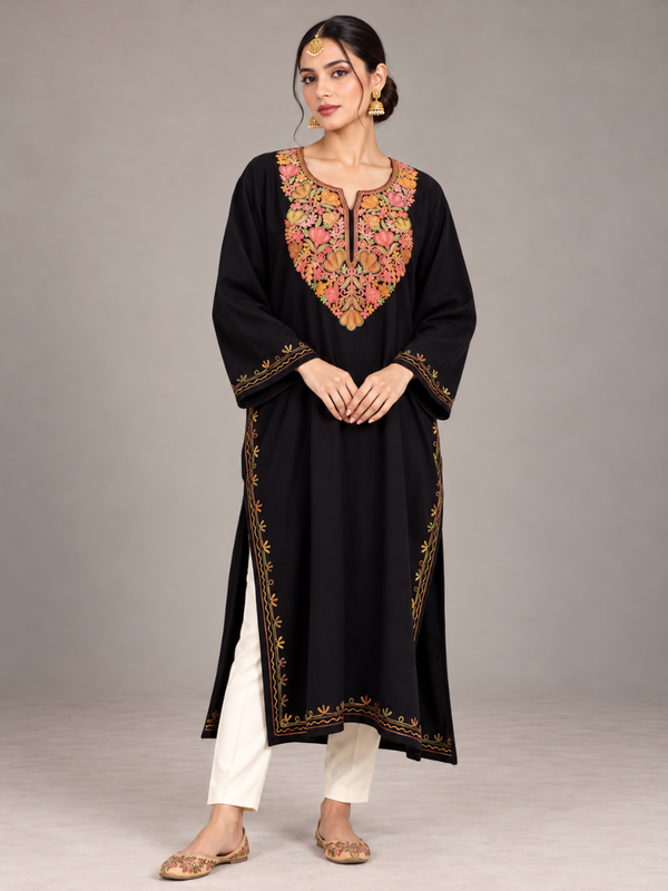Black Kashmiri Pheran with Pink & Orange Floral Embroidery – KAARKASH