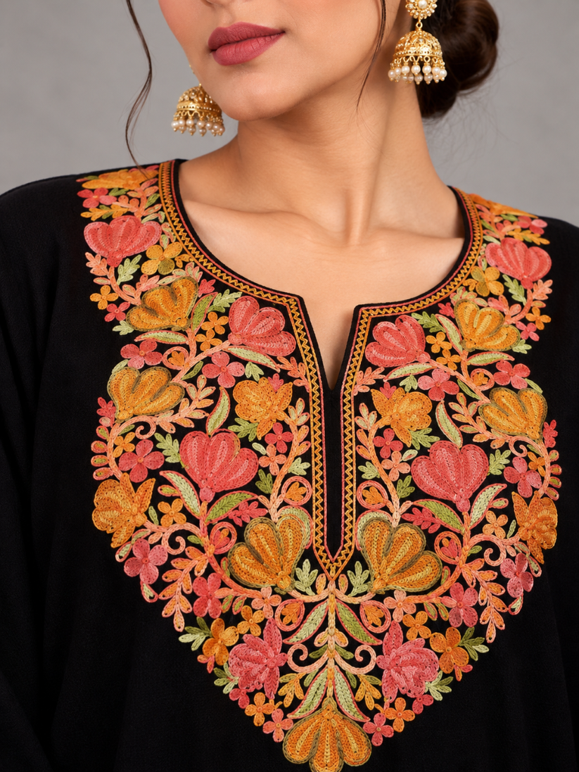 Black Kashmiri Pheran with Pink & Orange Floral Embroidery – KAARKASH